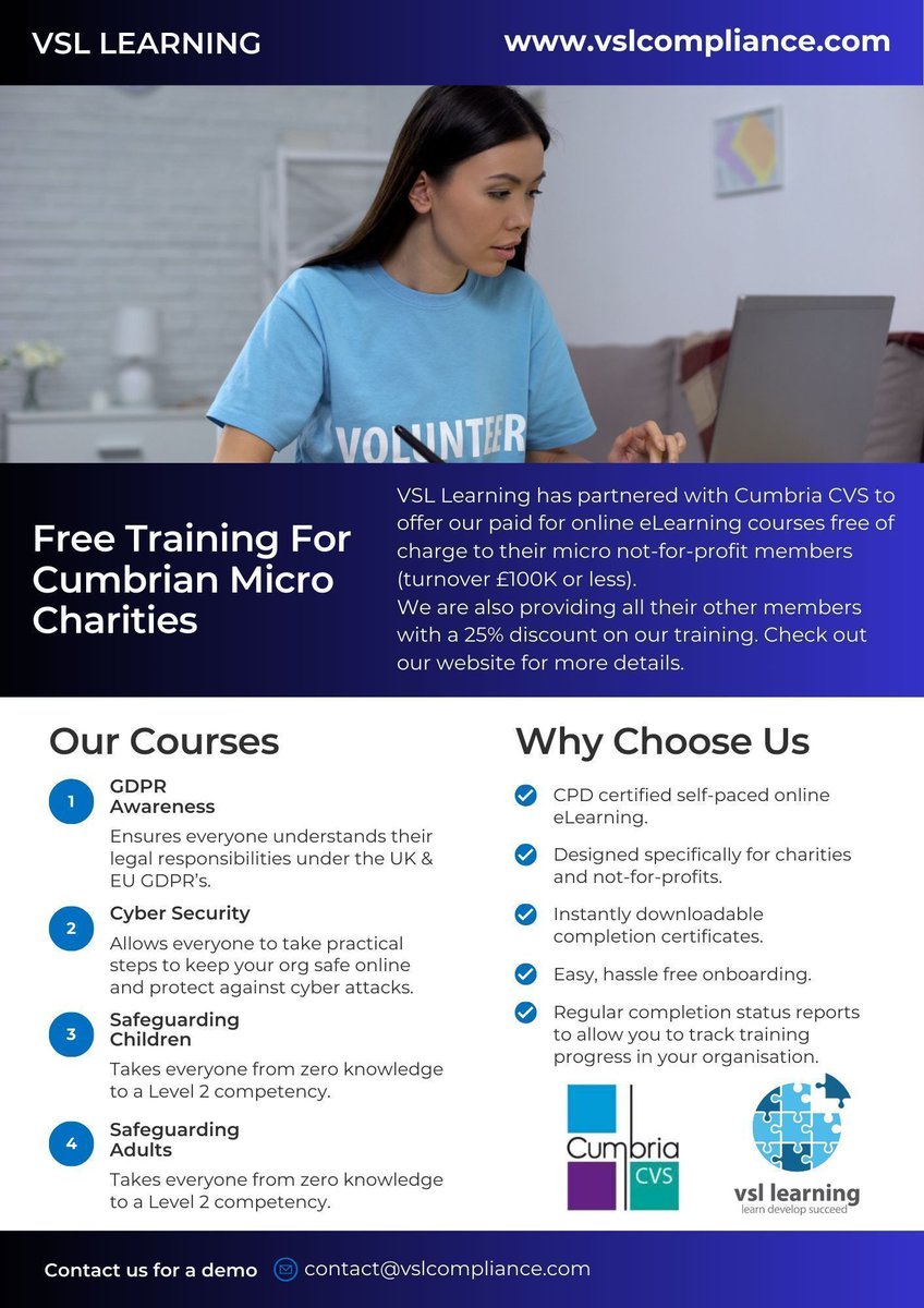 Cumbria CVS (@cumbriacvs) on Twitter photo Fancy some FREE training?
Our friends at <a href="/vsl_learning/">vsl learning</a> are offering all their online eLearning training courses free of charge to our members/users if they have a turnover of £100K or less. Fancy some FREE training?
Our friends at <a href="/vsl_learning/">vsl learning</a> are offering all their online eLearning training courses free of charge to our members/users if they have a turnover of £100K or less.