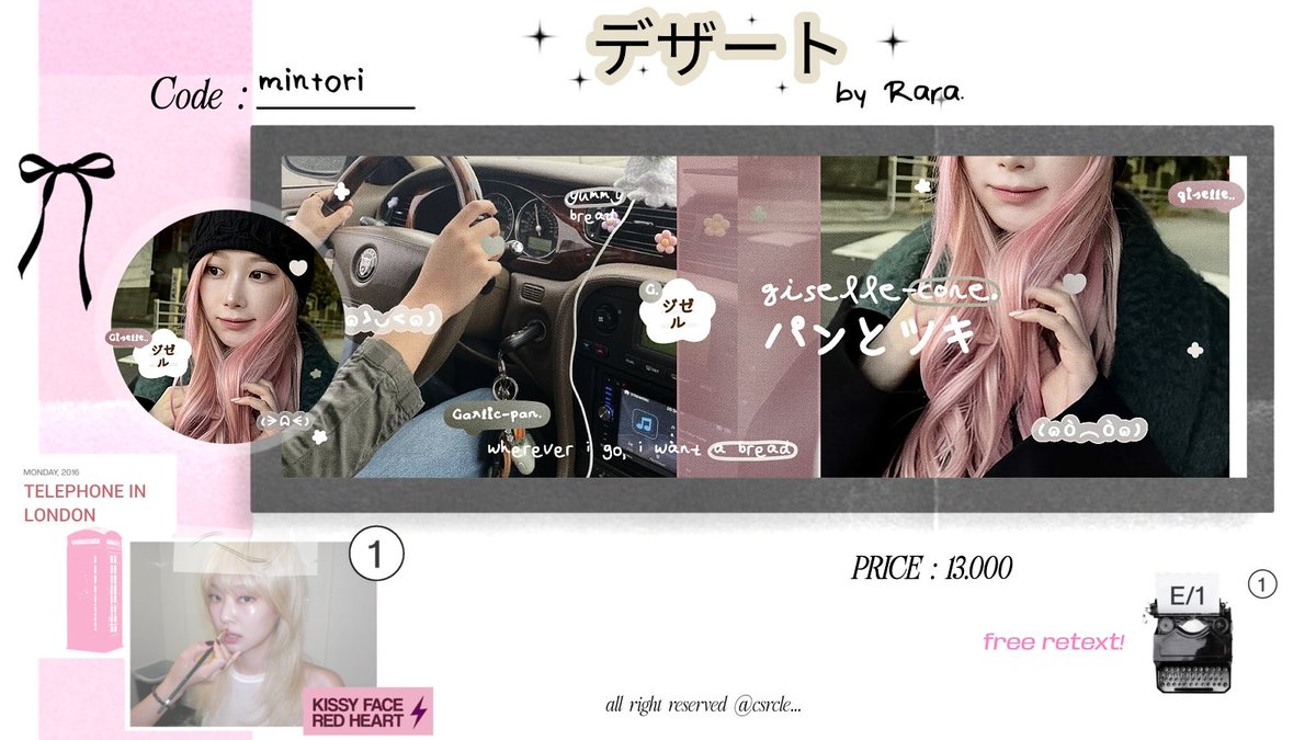 help rt, thank youu!

hai, aku ada 2 layout giselle dengan harga 4K &amp; 13K! untuk catalog mintori udah free retext iaa 🍜🥢

#zonauang