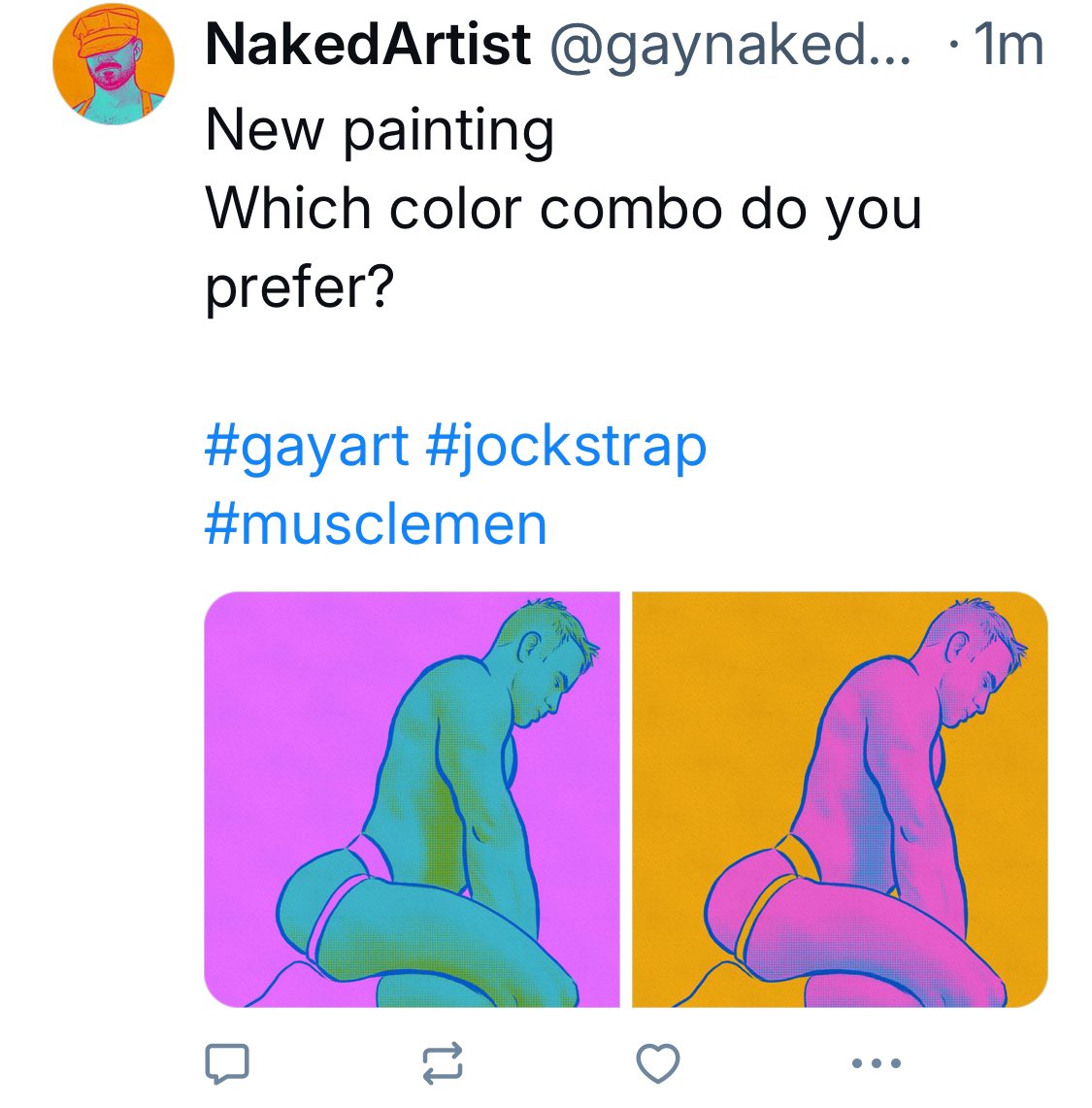 GayNakedArtist's tweet photo. New paintings
Which color combo do you prefer?

Over on the other place that doesn’t steal my work to train their Ai

#gayart #jockstrap #musclemen https://t.co/6G1emgUbgC