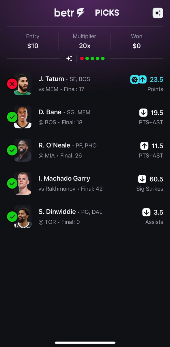 DefyingBets's tweet photo. This really happens more than yall think 😂😂🤷🏼‍♂️

Missing +EV slip by 1 leg

I guess that’s what u get for taking Betr slashed lines &amp; not 0.5 guarantees ✅ https://t.co/4ffxRp47lT