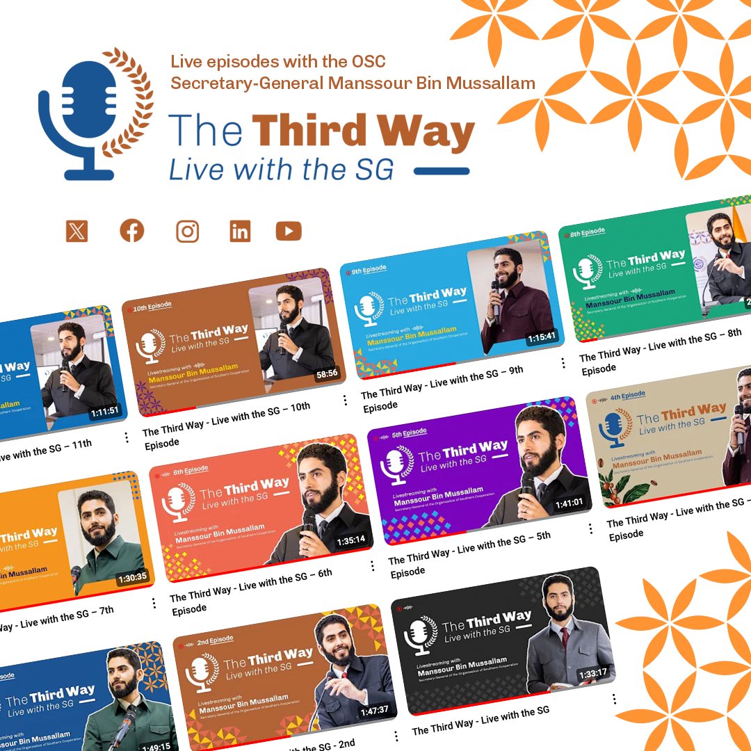 OSC_OCS's tweet photo. 11 episodes of #TheThirdWay so far!

Explore the Third Way of Development—by and from the #GreaterSouth, for Humanity—with the Secretary-General @MBinMussallam, and discover insights on:

✅ Endogenous Technology
✅ High value-added industrialisation
✅ Finance for development
✅ Integral health
✅ Renewable energy
✅ Sustainable agriculture
✅ Balanced and Inclusive Education
And more

Stay tuned! We look forward to seeing you soon in a new live episode.

Watch all episodes here https://t.co/xfpJ3tEgt0