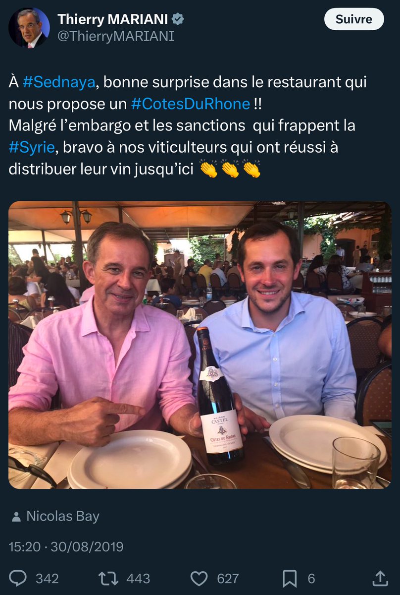 Subli's tweet image. On attends vos réactions @ThierryMARIANI et @NicolasBay_ 
Apparement vous aviez du mal à la voir en 2019 lorsque vous trinquiez tout sourire à côté de la prison de l’horreur.

Avez vous consulté l’ophtalmo depuis ? #Syrie