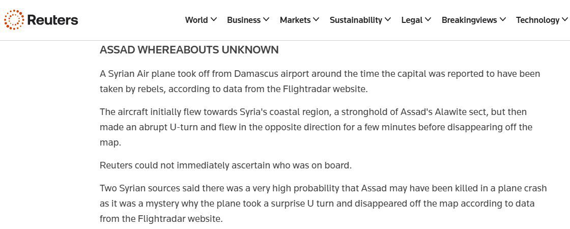 ultimoranet's tweet photo. 🔴🇸🇾 FLASH— REUTERS, "ASSAD PROBABILMENTE MORTO IN UN INCIDENTE AEREO" +++ @ultimoranet 

Lo riferiscono due fonti siriane, definendo "alta" la probabilità che l’ex dittatore sia stato ucciso. https://t.co/zpEkD0j1hy