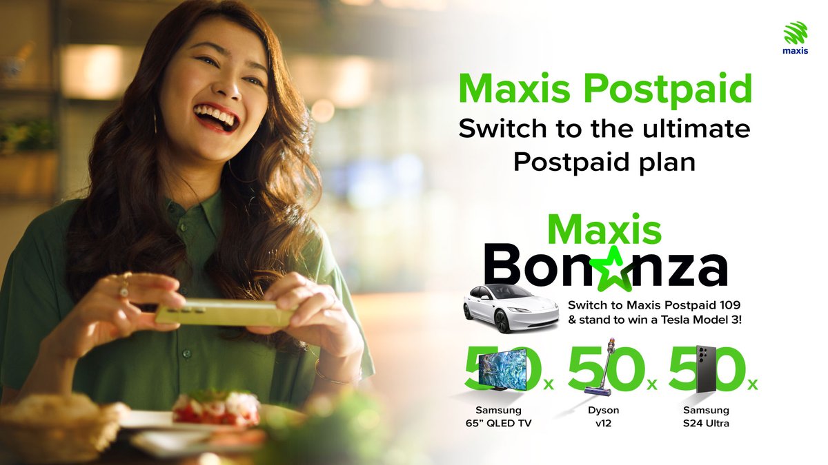 Maxis's tweet photo. 🚀 Unlimited 5G &amp; 4G data, fast speeds, and a chance to win prizes like a Tesla Model 3? 🤯 Switch to Maxis Postpaid 109 today from just RM109/mth! #MaxisBonanza https://t.co/GlbVUnsyg3