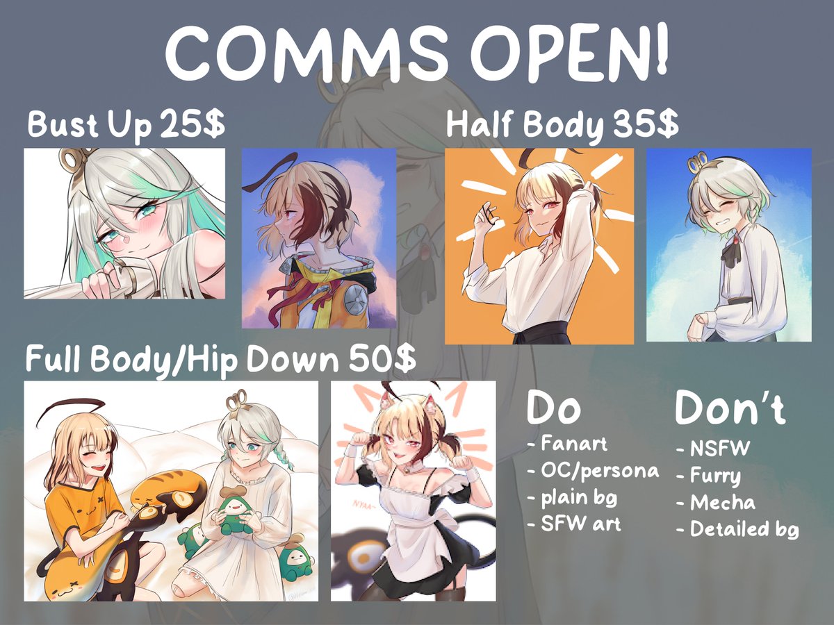 nurizza_ilst's tweet image. Hellooo!!!, My Commission is finally open on Ko-Fi, see image below for prices, you can DM or Comment for more details, or you can go straight to my KO-FI:
ko-fi.com/nurizza
more details and rules for my comms on Carrd:
nurizzailst.carrd.co
