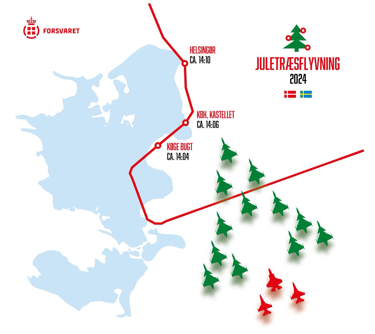forsvaretdk's tweet photo. Hvis ellers vejret holder, vil en større formation af op til 12 svenske Gripen og tre danske kampfly fra @forsvaretdk flyve op langs den danske side af Øresund og over København i morgen mandag d. 9. dec. 

Formationen, der vil have facon som et juletræ, er en tilbagevendende juletradition i @Forsvarsmakten, og den finder sted over hele Sverige med forskellige fly og helikoptere.

Försvarsmakten har inviteret det danske forsvar til at deltage i formationen og tilbudt at lægge en del af ruten på den danske side af Øresund. Den fælles formationsflyvning er således også en markering af det øgede militære samarbejde mellem Danmark og Sverige.

Tiderne for overflyvning mandag den 9. december er:
- 14:04 Køge Bugt
- 14:06 Kastellet, København
- 14:10 Helsingør

Det er vigtigt at understrege, at der er tale om cirka-tider, samt at både de og formationen er betinget af vejr og operative forhold. De kan således aflyses eller ændre sig undervejs.

Den bedste mulighed for at se flyene er i København ved Kastellet eller langs kysten hhv. nord og syd for.

I tilfælde af aflysning på grund af vejret er onsdag d. 11. december back-up dag. I så fald vil yderligere info blive meldt ud.