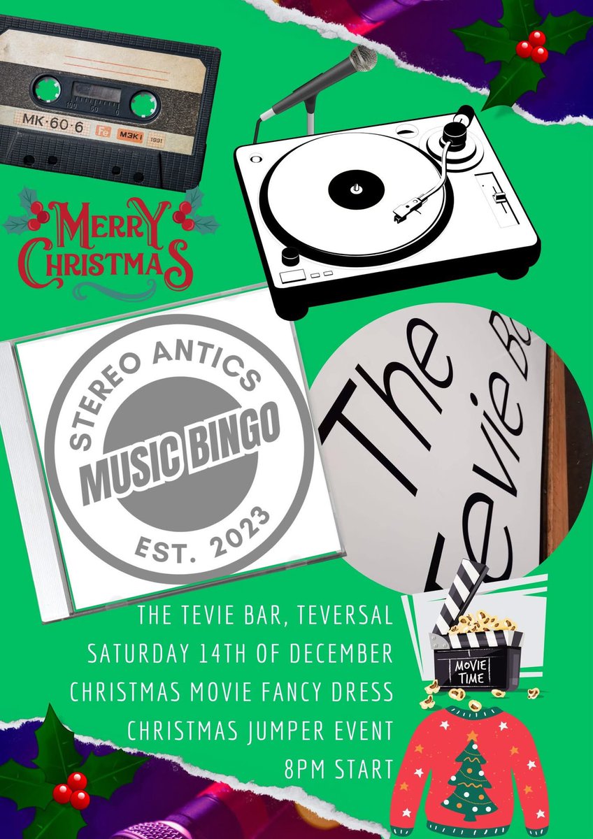 🎄🎅 Christmas Party at The Tevie Bar! 🎅🎄
📅 Saturday, 14th December
🕗 Starts at 8 PM

🎵 Music Bingo
🎥 Movie Fancy Dress
🎽 Christmas Jumpers

Bring your mates for a night of fun and prizes! 📍Teversal
#ChristmasParty #MusicBingo #TevieBar