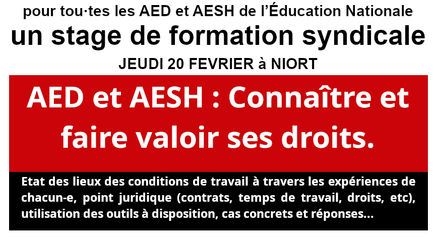 SUDEduc79's tweet photo. 🚨 Le 20 février 2025 : Stage AED et AESH !

👉Congé pour formation  syndicale est un droit garanti par la  loi 84-16. Congé avec plein traitement, donc sans retenue sur  salaire.

📢Tu as le droit à 12 jours par an, alors n’hésite pas à les  utiliser ✊

https://t.co/0RwXBDP6Ax https://t.co/C9qMpTZGFD