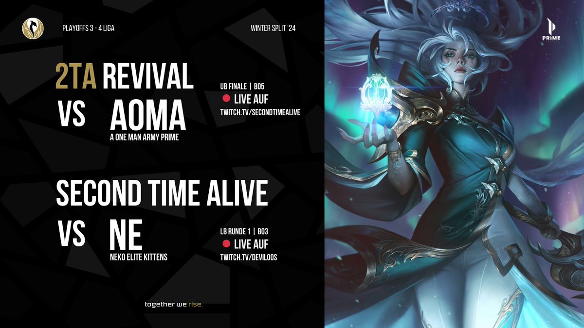 Second Time Alive (@secondtimealive) on Twitter photo PLAYOFFS Day 2 🎮
2TA Revival 🆚 <a href="/AomaEsports/">A One Man Army</a>
⏰ 14:00
🎙️ <a href="/MarksmanXam/">Max Grafoner</a> & <a href="/_Nothing2Fear/">N2F | Lukas</a>
📺twitch.tv/secondtimealive
2TA🆚 <a href="/NekoEsports/">Neko Elite</a>
⏰ 14:00
🎙️ <a href="/REALCasbah/">Casbah</a> & <a href="/DevilosEUW/">Devilos</a>
📺twitch.tv/deviloos
Und 2TA Neon gibt's live auf twitch.tv/jonnyxofficial 😎
#2GetherWeRise PLAYOFFS Day 2 🎮
2TA Revival 🆚 <a href="/AomaEsports/">A One Man Army</a>
⏰ 14:00
🎙️ <a href="/MarksmanXam/">Max Grafoner</a> & <a href="/_Nothing2Fear/">N2F | Lukas</a>
📺twitch.tv/secondtimealive
2TA🆚 <a href="/NekoEsports/">Neko Elite</a>
⏰ 14:00
🎙️ <a href="/REALCasbah/">Casbah</a> & <a href="/DevilosEUW/">Devilos</a>
📺twitch.tv/deviloos
Und 2TA Neon gibt's live auf twitch.tv/jonnyxofficial 😎
#2GetherWeRise