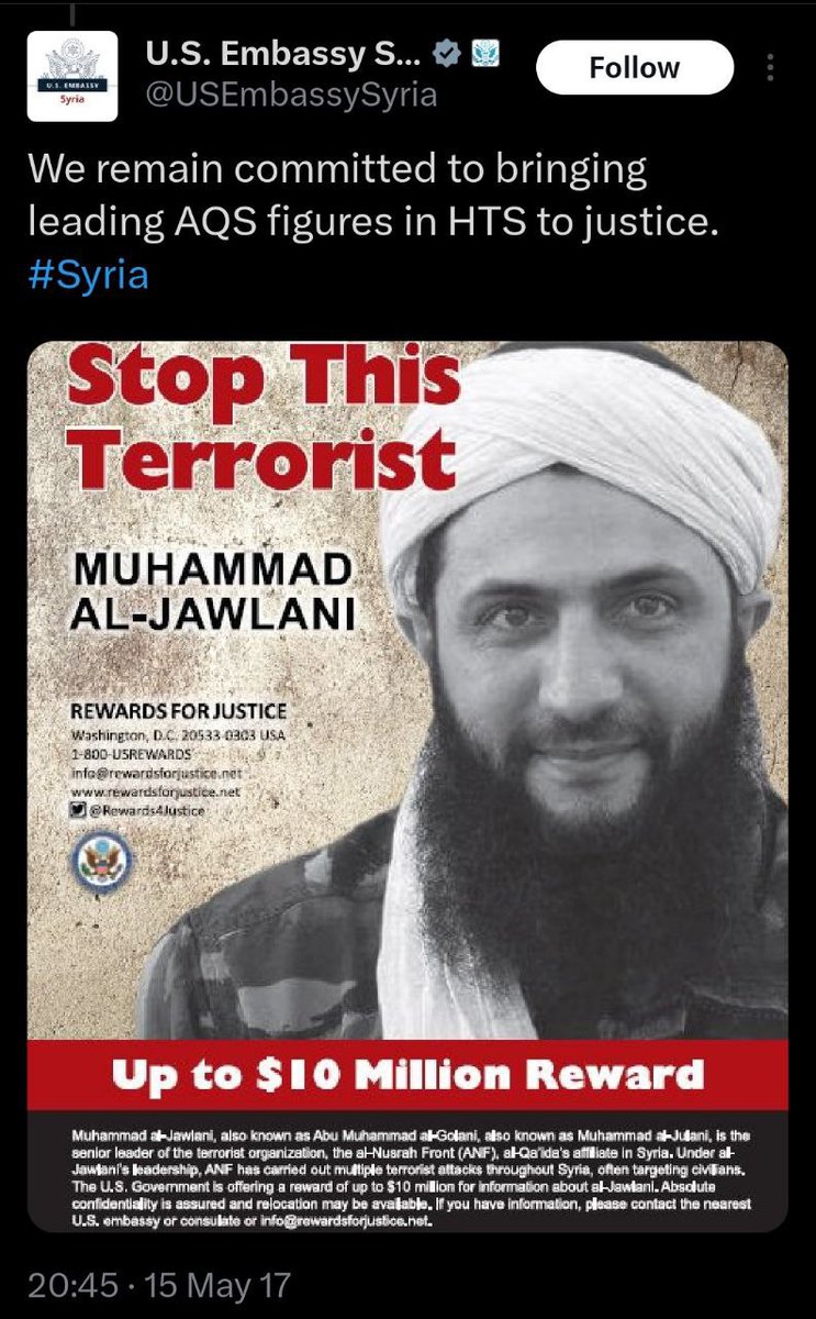RT_com's tweet photo. THROWBACK: ‘Stop this terrorist’ poster of the anti-Assad forces leader Al-Jolani, by the US state dept, promising $10mn bounty

Now the man is giving interviews to CNN… https://t.co/7CpJni61Pv