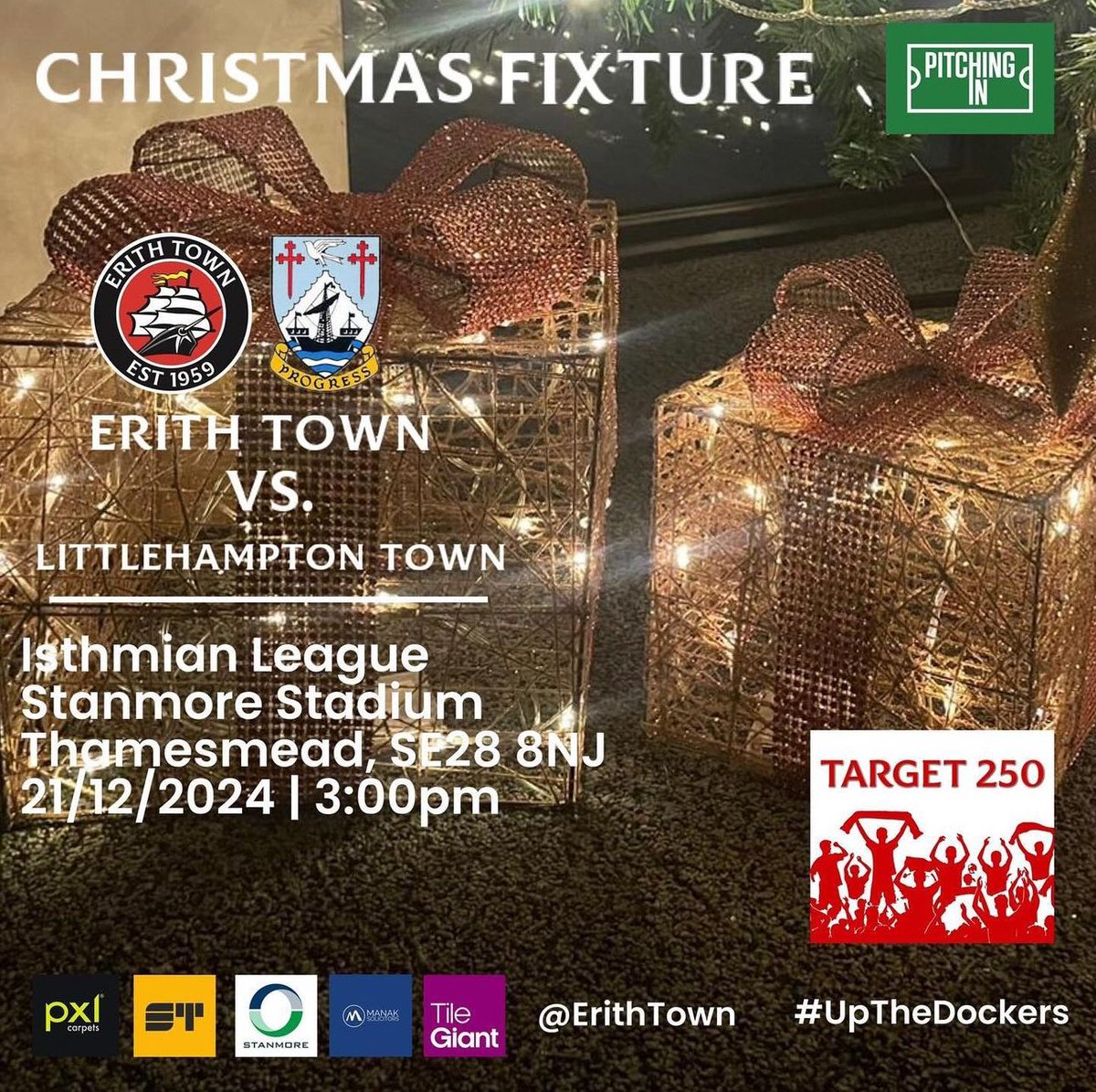 ErithTown's tweet photo. 🎄| CHRISTMAS FIXTURE

We’ve still a few weeks to go in December, but remember that our game with @LittlehamptonFC is our Christmas game!

With Father Christmas in attendance and a great day for all, we’re also going to #Target250 and pack out the @StanmoreLtd!

#UpTheDockers https://t.co/DP424vKVGE