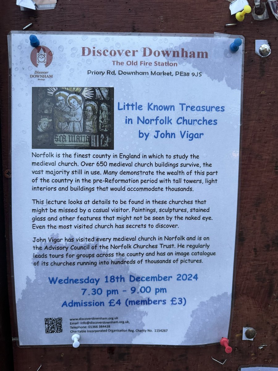 mutley7781's tweet image. 🚶♀️🚶🏻♂️ #DownhamMarket #Norfolk
Plenty of publicity on town notice boards (if a little damp 😉) for evening talk at Heritage Centre.
Also, for course in #KingsLynn advertised in Words & Wonder Bookshop.
@johnevigar talking about Norfolk Churches.
