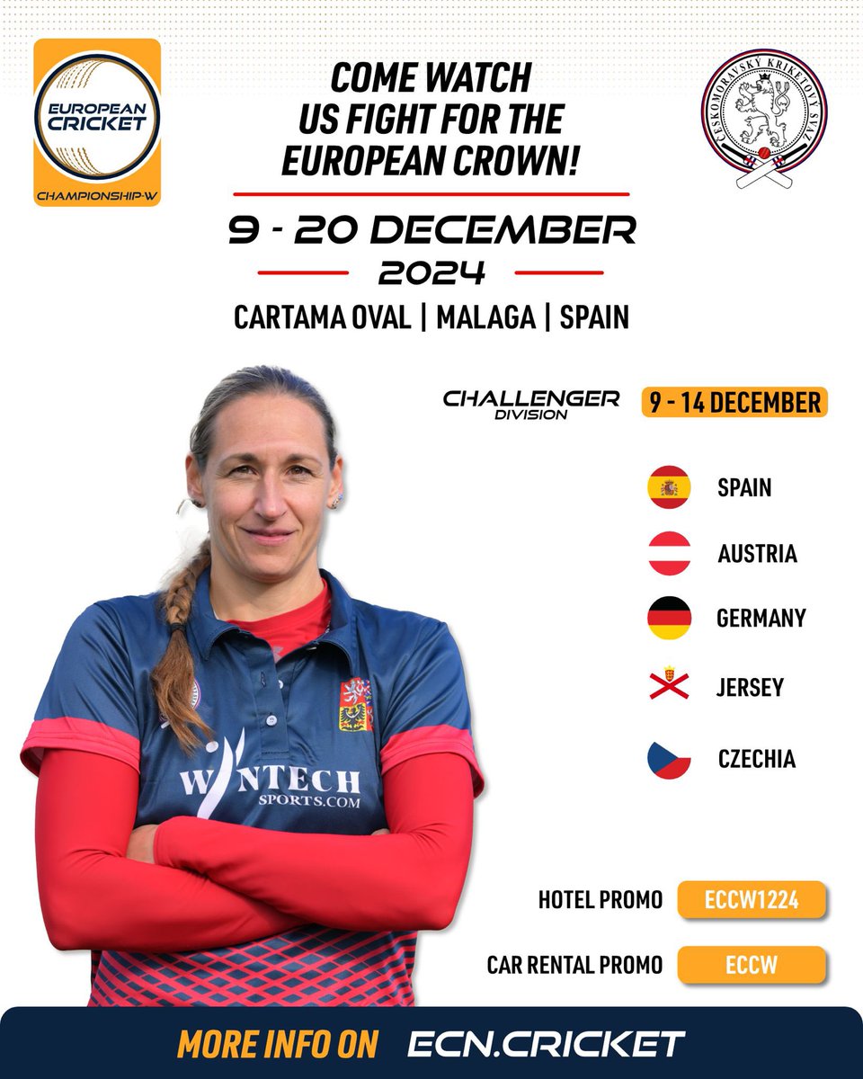 CzechCricket's tweet photo. The Czech Women’s National Team is set to compete in the @EuropeanCricket Challenger Division from Dec 9-14!
Catch all the action live on ECN’s YouTube & Facebook pages. Let’s cheer them on as they take on Europe’s best! 🇨🇿
#CzechCricket #ECC #ChallengerDivision #T10 https://t.co/7laur7XpeI