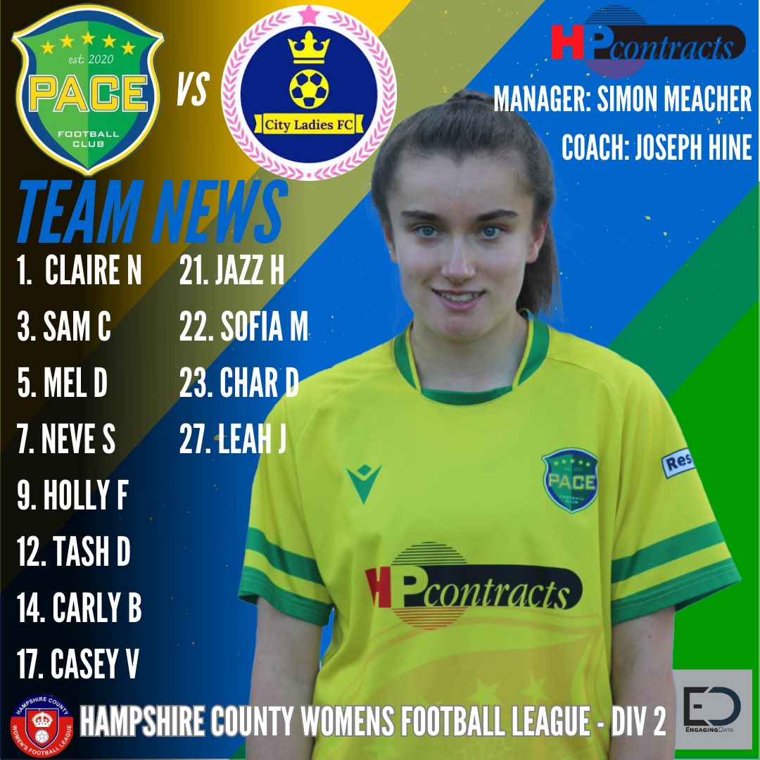 PaceFC (@pacefc2020) on Twitter photo 💛TEAM NEWS💛
Your Pace Women’s Squad for their league match today vs <a href="/CITYLADYPOMPEY/">City Ladies FC Portsmouth</a> Reserves💛💙
🆚City Ladies Reserves
🗓️07/12/2024
📍Testwood School, SO40 3ZW
⏰2pm 💛TEAM NEWS💛
Your Pace Women’s Squad for their league match today vs <a href="/CITYLADYPOMPEY/">City Ladies FC Portsmouth</a> Reserves💛💙
🆚City Ladies Reserves
🗓️07/12/2024
📍Testwood School, SO40 3ZW
⏰2pm