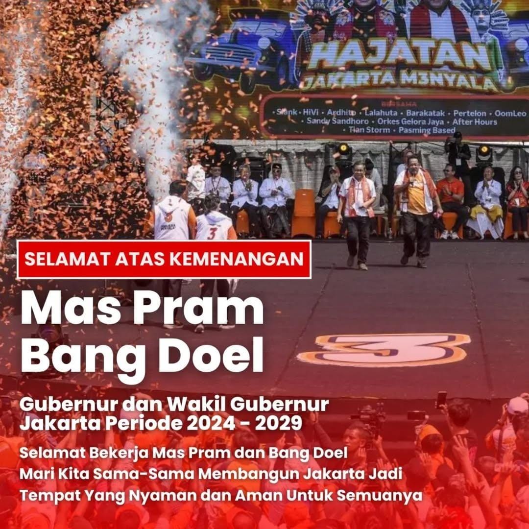 Warga Jakarta, Kalian hebat !!! 
SELAMAT ATAS KEMENANGAN Mas Pram dan Bang Doel 

Gubernur dan wakil Gubernur Jakarta
Selamat Bekerja untuk kepentingan warga Jakarta😍

#pramdoeljuarajakarta