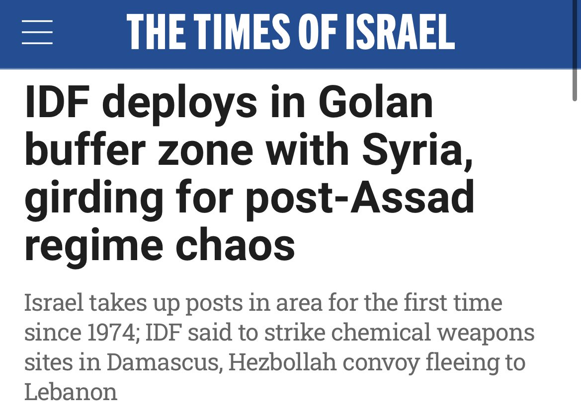 It didn’t even take 24 hours for Israel to invade Syria🇸🇾 after Bashar Al-Assad was deposed 

After already illegally annexing the Golan Heights, Israel’s appetite for Syrian land still exists, and will grow amid the chaos in Syria