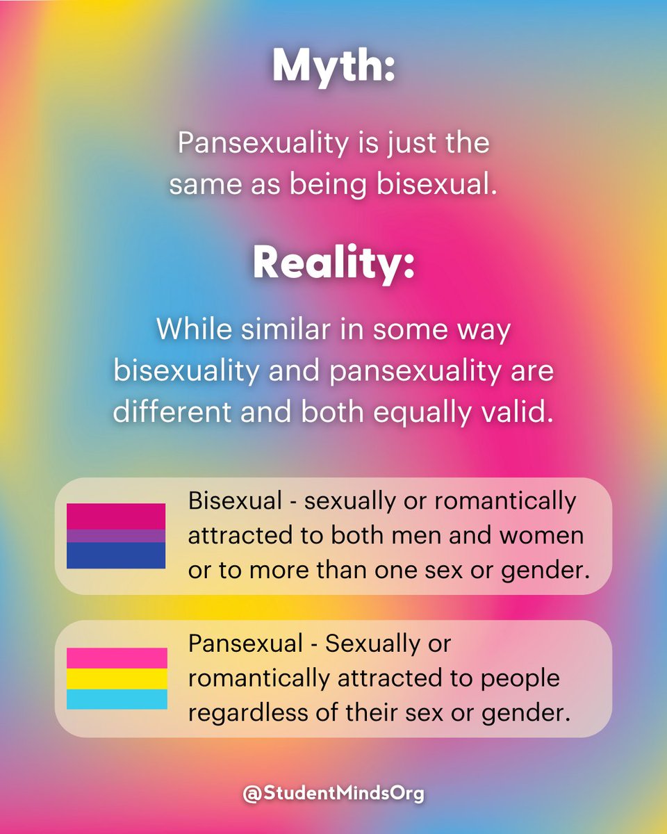 StudentMindsOrg's tweet photo. 🩷💛🩵 Today is #PansexualPride

We wanted to challenge some of the misconceptions and stereotypes we often hear about pansexuality. 

We want to remind all pansexual people that they are loved and valid.🧡 https://t.co/vNnxFwKKc1
