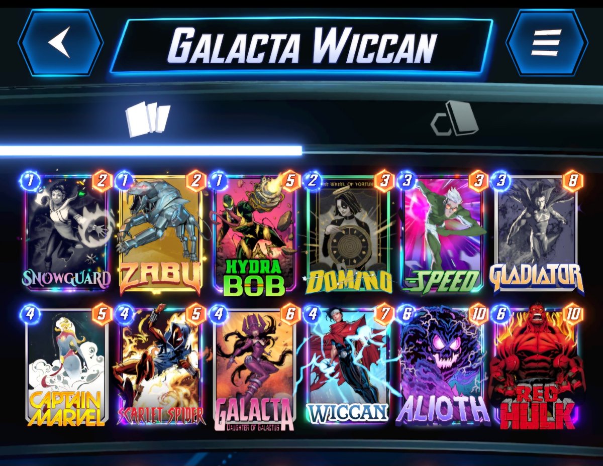 Sandrokan26's tweet photo. Do you have a nice Domino's Variant and don't know what to do with it? Let's try this! Galacta on Cap Marvel and Scarlet Spider is OP. Snowguard provides 3-drops useful for activating Wiccan. Speed ​​and Gladiator are flexible slots depending on the meta. Have Fun https://t.co/NoglNNFetn