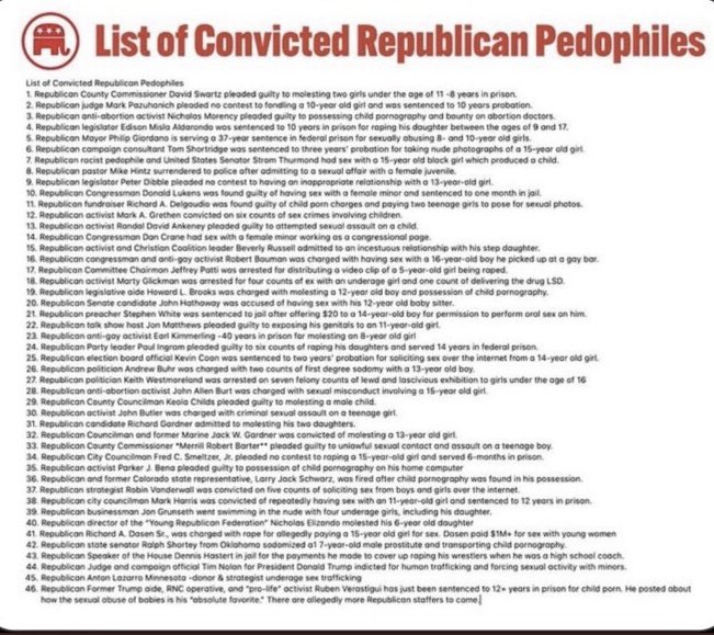 <a href="/1Trumpfan1020/">The Swamp Fox</a> <a href="/DutchyPatrick/">Dutchy Patrick</a> Pedophilia is more of a GOP thing.