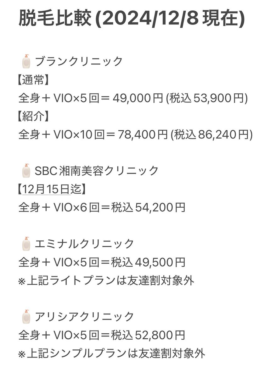 APOLLOchoco_87's tweet photo. 取り急ぎ、気になったクリニックの比較をしてみました(2024/12/8現在)🔖う〜やっぱりブランクリニックがお得...！🥲私は新規契約者ではないので申し込めないのが悔やまれます💦今だったら絶対10回契約で終わらせてしまうのに...🥲
#医療脱毛 https://t.co/gn9EuYJNAN