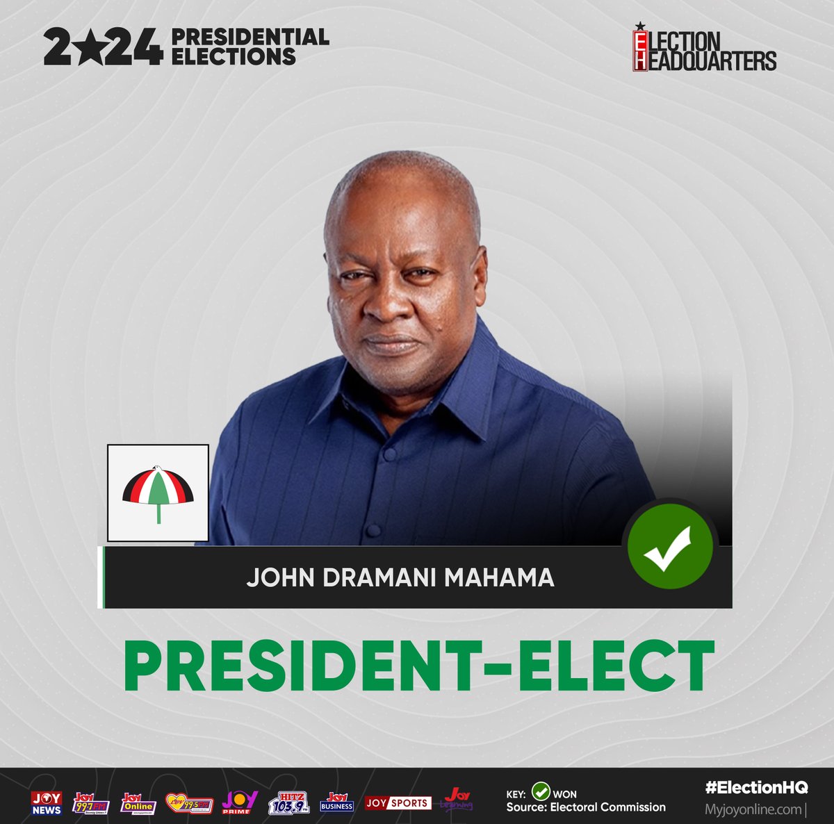 JoyNewsOnTV's tweet photo. President-elect of the Republic of Ghana, His Excellency John Dramani Mahama. #ElectionHQ https://t.co/k5miYfWIXX