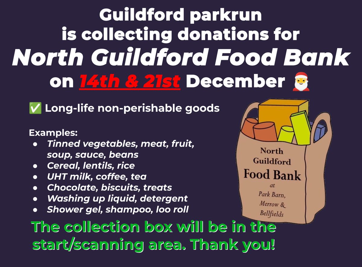 The next two Saturdays, we will be collecting for North Guildford Food Bank.

Donations much appreciated… long-life non-perishables please.
🎅🏼 🛒 

We look forward to seeing you Saturday.
🏁 🏃‍♀️🏃🦌🚶‍♂️