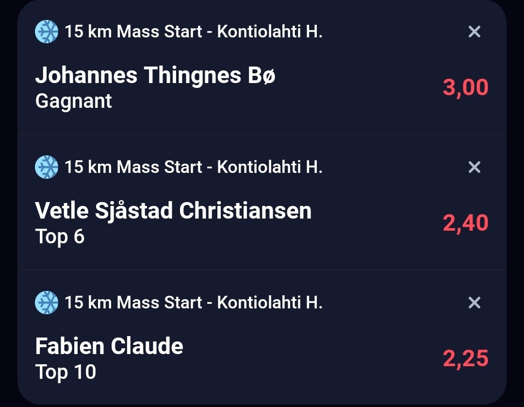 MS_Pronos_MS's tweet photo. ❄️ Mass Start 15km (H) ❄️

🟢 pour les 3 premiers bets
🔵 pour les 3 autres

Explications pour les mises 🟢 et 🔵 sur telegram ➡️ https://t.co/hvwOgcXT0G

#TeamParieur #biathlon #lequipebiathlon @HollowSlippy @dr_djekill https://t.co/bc7scMheBv