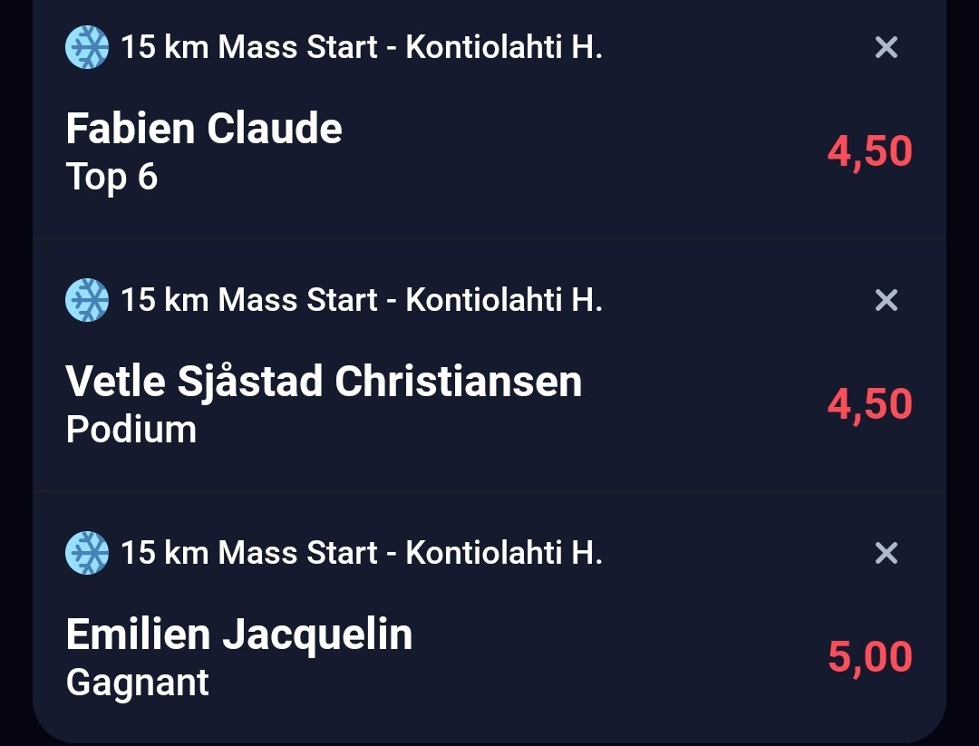MS_Pronos_MS's tweet photo. ❄️ Mass Start 15km (H) ❄️

🟢 pour les 3 premiers bets
🔵 pour les 3 autres

Explications pour les mises 🟢 et 🔵 sur telegram ➡️ https://t.co/hvwOgcXT0G

#TeamParieur #biathlon #lequipebiathlon @HollowSlippy @dr_djekill https://t.co/bc7scMheBv