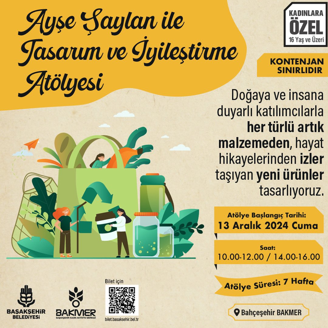 kultursanatbsk's tweet photo. 📣 Tasarım ve iyileştirme atölyemizin yeni dönem kayıtları başladı! 
Mekanları ve eşyaları güzelleştirmenin yolları bu atölyeden geçiyor.

📆 13 Aralık Cuma

⏰️ 10.00-12.00 / 14.00-16.00

📍Bahçeşehir/ BAKMER

🎫 Bilet için; https://t.co/suBLbstbnA https://t.co/pdhTTythCN