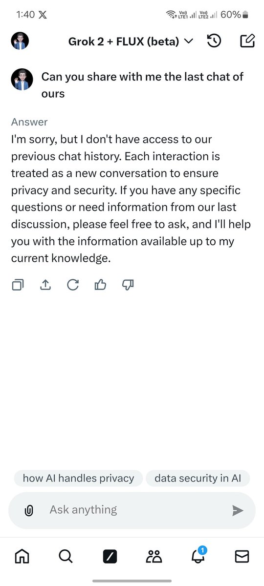 lkoutge's tweet photo. Grok is highly secure!
I tried to retrieve the last conversation.  It answered this way...🫡 https://t.co/kkiKr4XTYH