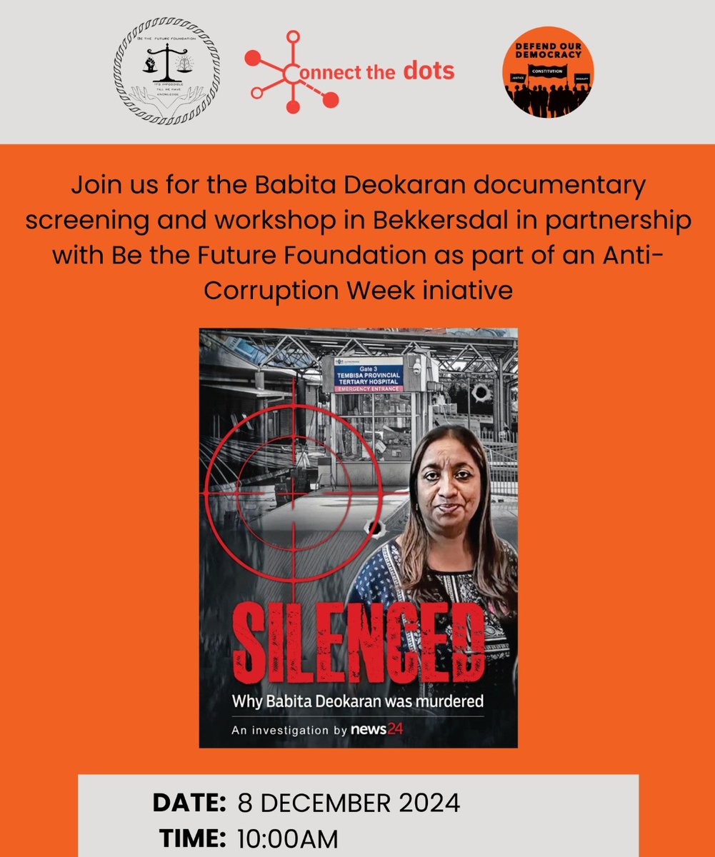 Taking place today, several anti-corruption activations in Gauteng and KwaZulu Natal including   a picket, documentary screening and workshop, a walk and discussion. These programmes are being hosted by several organisations for
#AntiCorruptionWeek.  #ConnectTheDots #TieTheTape