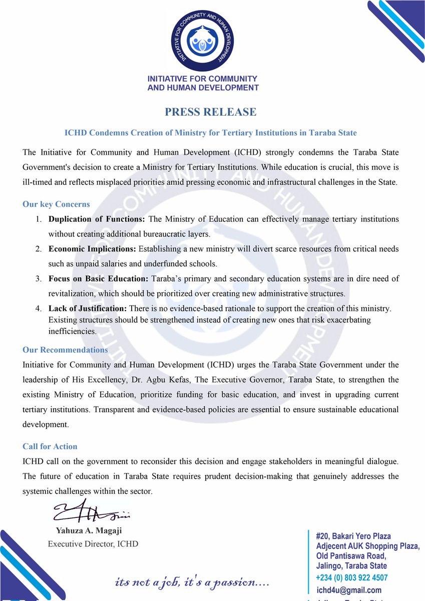 ichd4u's tweet photo. We are urging the @OfficialTaraba and @GovAgbuKefas to revisit the policy of creating ministry for tertiary education l, as the policy would add financial burden on the already scarce resources of the state. https://t.co/IRqmdilNTb