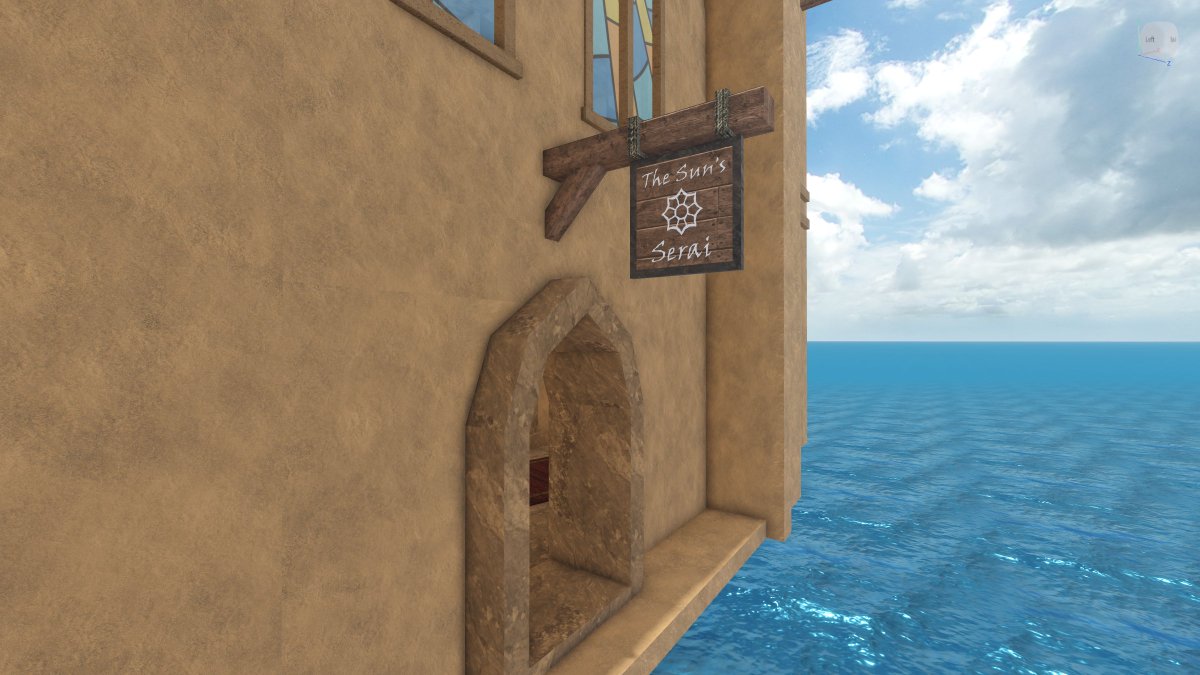 The Sun's Serai, a custom built tavern I created for Arcane Odyssey. It's located in Sameria's capital, Caitara.

Signage and stained-glass illustrations were also done by me. I wanted to give the tavern as much personality and character as possible.