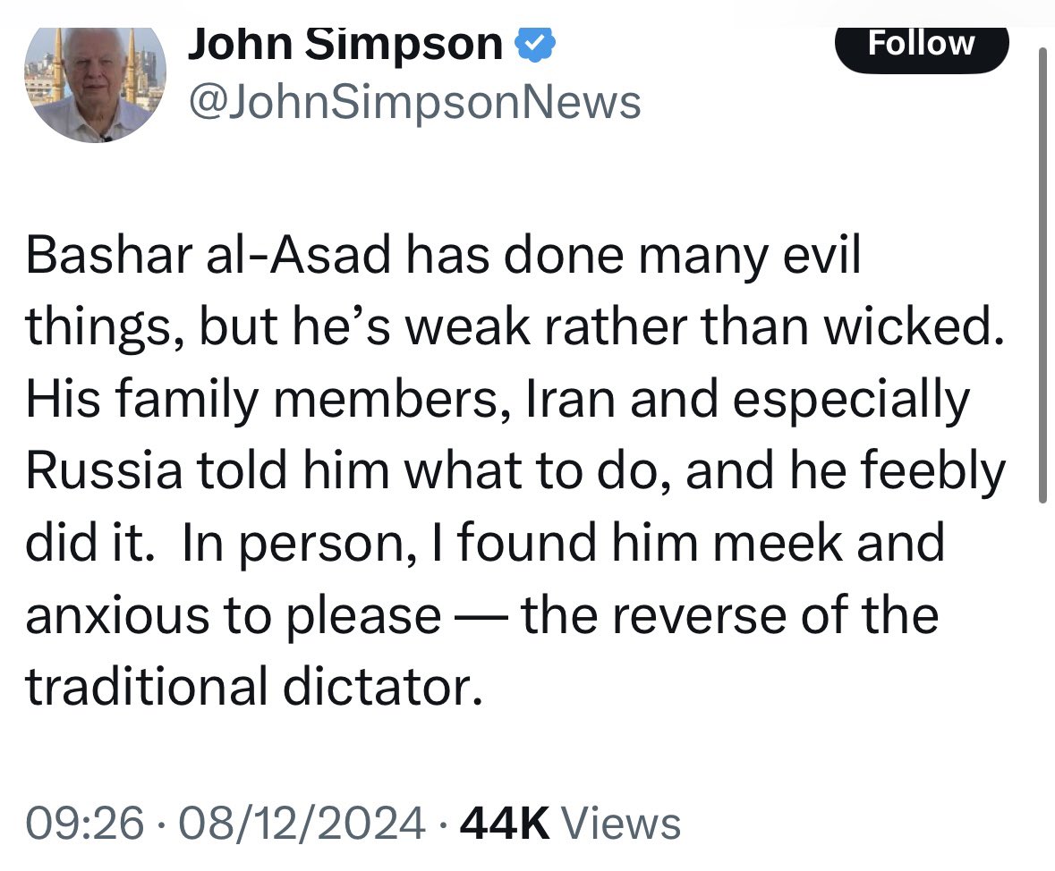 DXW_KC's tweet photo. Gassed his own citizens, killed hundreds of thousands, locked people up for decades - but he poured a nice cup of tea… https://t.co/8uw293l1Ak