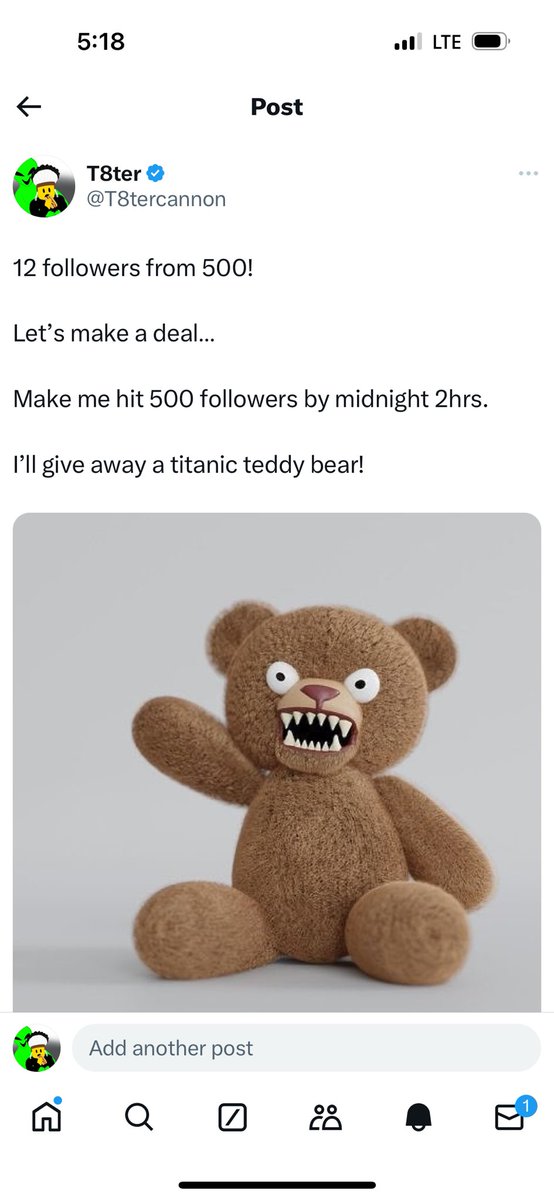 Congratulations to <a href="/bossmanplaysmom/">BossMom_Official</a> 

She won the titanic teddy bear giveaway for making 500 followers. 

Since the randomizer is no longer in use on X, I opened my followers did a random scroll down on my list and where it stopped was the winner. 

If you didn’t win, don’t be