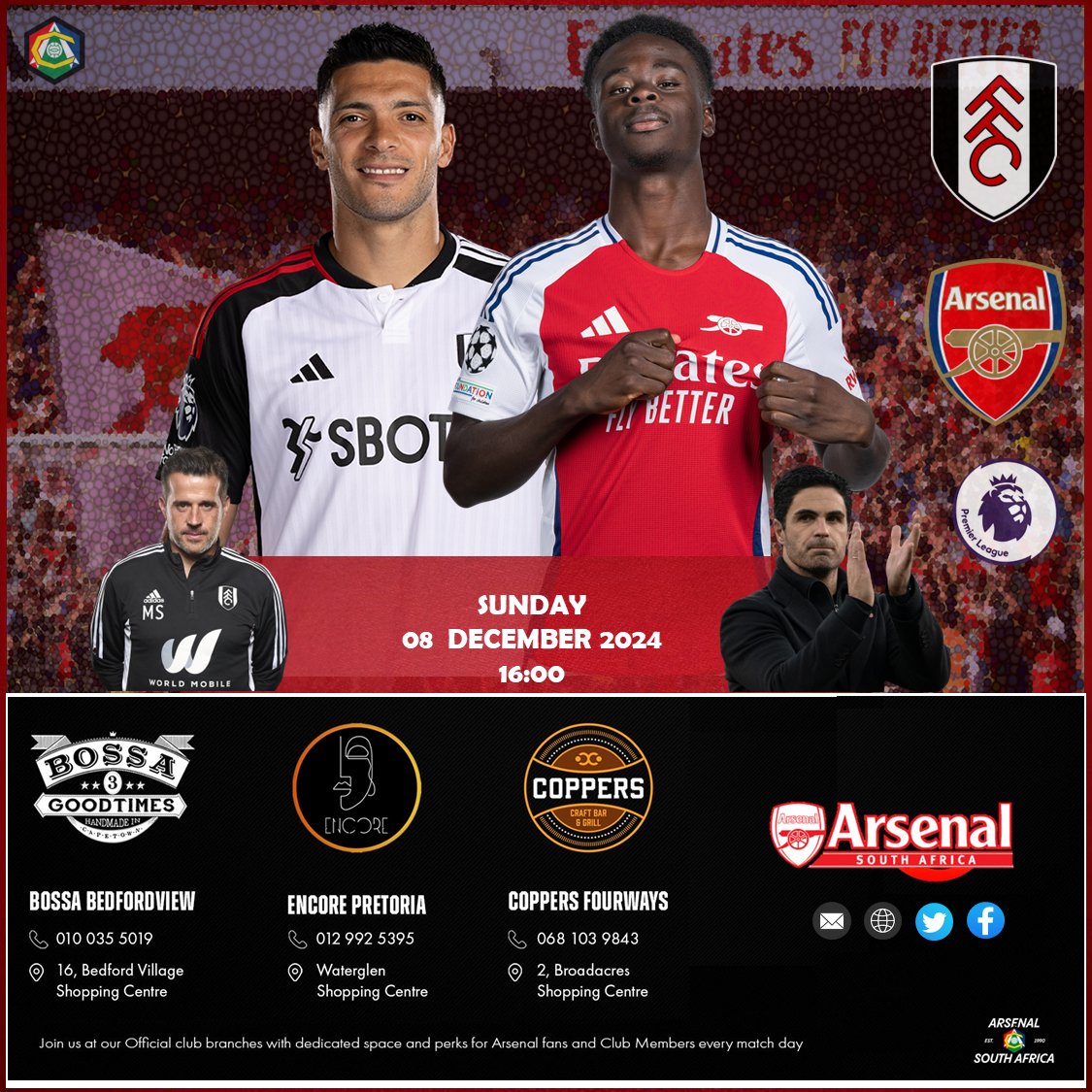 ArsenalSA's tweet photo. It's Match day...as we face off against Fulham away  

Don't forget to catch the game at the following Arsenal South Africa a official branches to show support for the Arsenal

Coppers Craft Bar and Grill
Bossa Bedfordview
Encore. Menlyn

#coyg #arsenal #arsenalsa #matchday https://t.co/bMmC4Qq6Nd