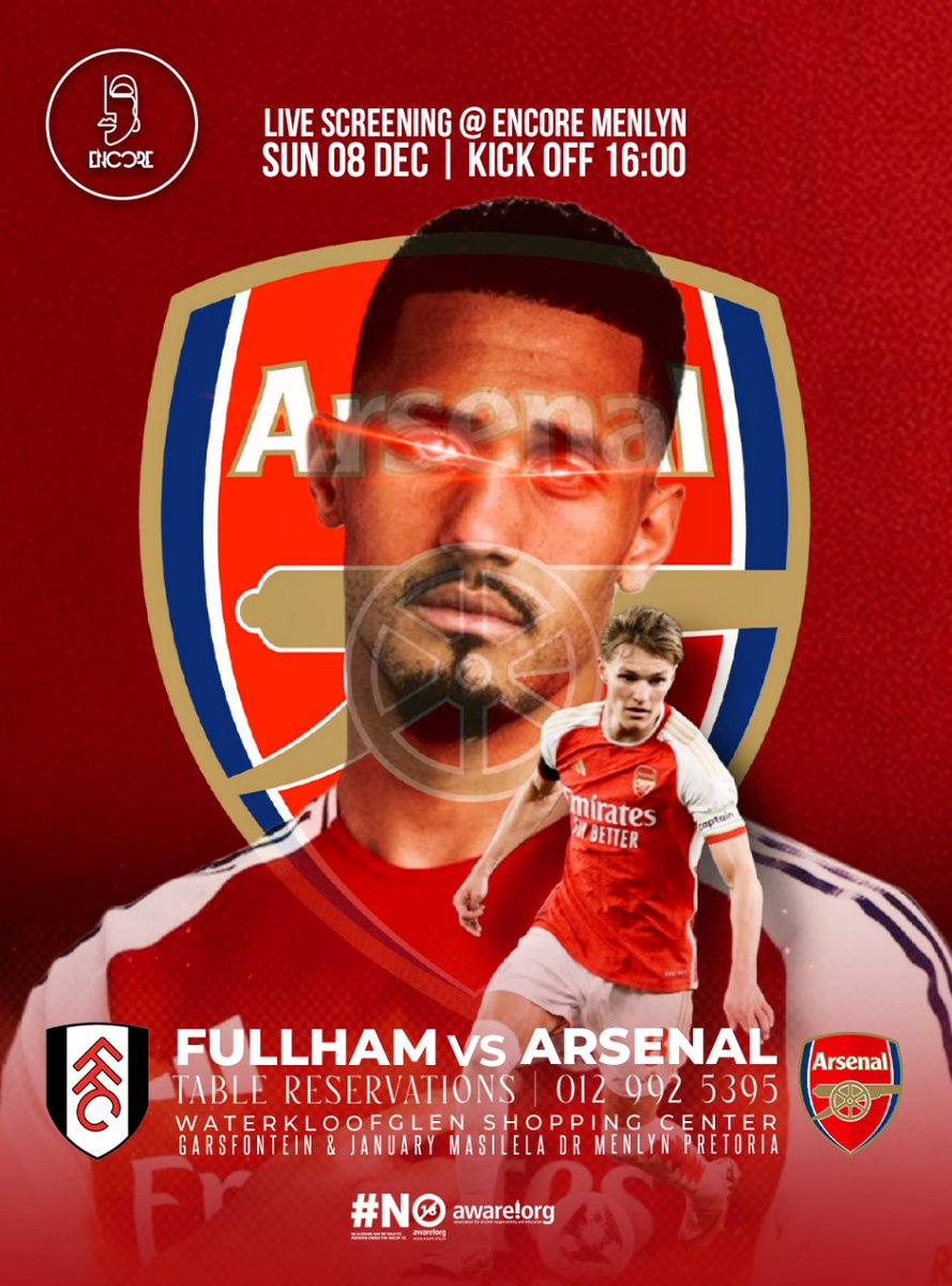 It's Match day...as we face off against Fulham away  

Don't forget to catch the game at the following Arsenal South Africa a official branches to show support for the Arsenal

Coppers Craft Bar and Grill
Bossa Bedfordview
Encore. Menlyn

#coyg #arsenal #arsenalsa #matchday