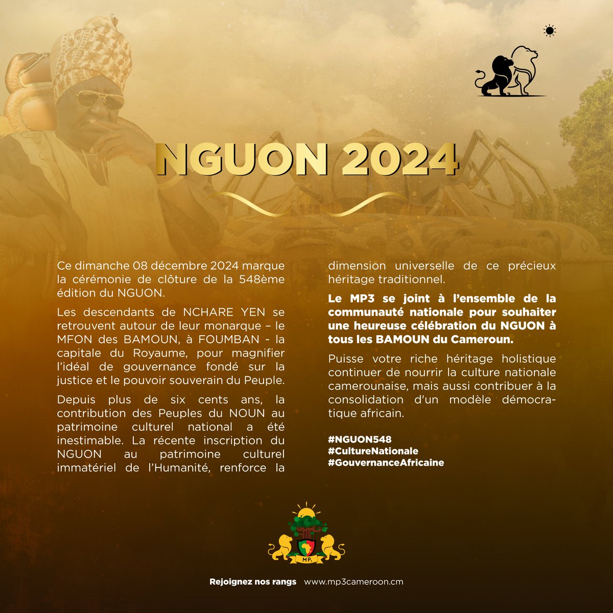 Mp3Cmr's tweet photo. Le MP3 souhaite une heureuse célébration du NGUON à tous les BAMOUN du Cameroun ! 🥳🎉

#NGUON548 #CultureNationale #GouvernanceAfricaine

•••

The MP3 wishes a happy NGUON celebration to all the BAMOUN people of Cameroon! 🥳🎉

#NGUON548 #NationalCulture #AfricanGovernance https://t.co/nSFAyKfTSq