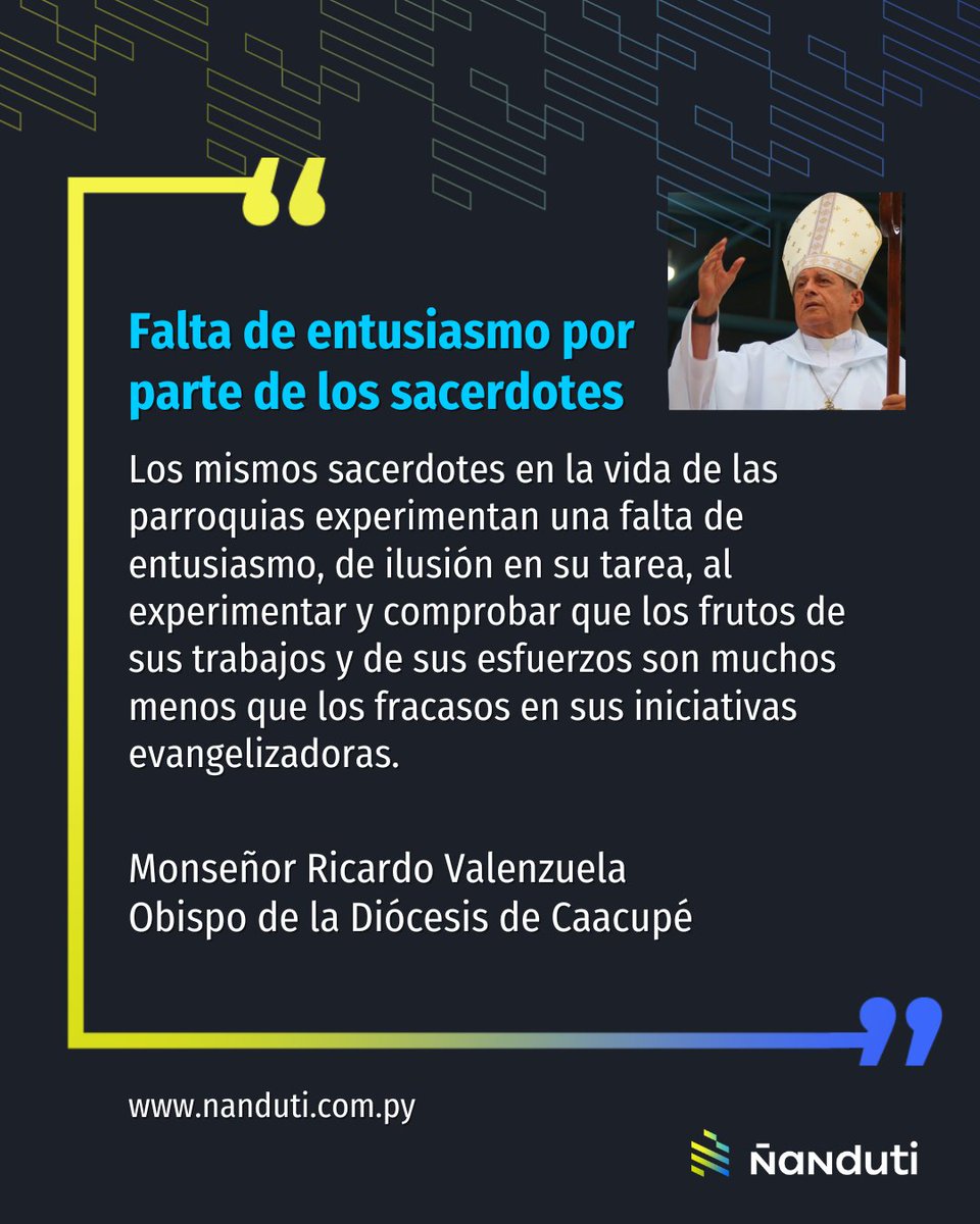 nanduti's tweet photo. #Caacupé | Sacerdotes sin entusiasmo
El monseñor Ricardo Valenzuela, llamó la atención a los sacerdotes que perdieron el entusiasmo hacia su vocación.
#Ñanduti | #MisaCentral https://t.co/KY3QXSjsR1