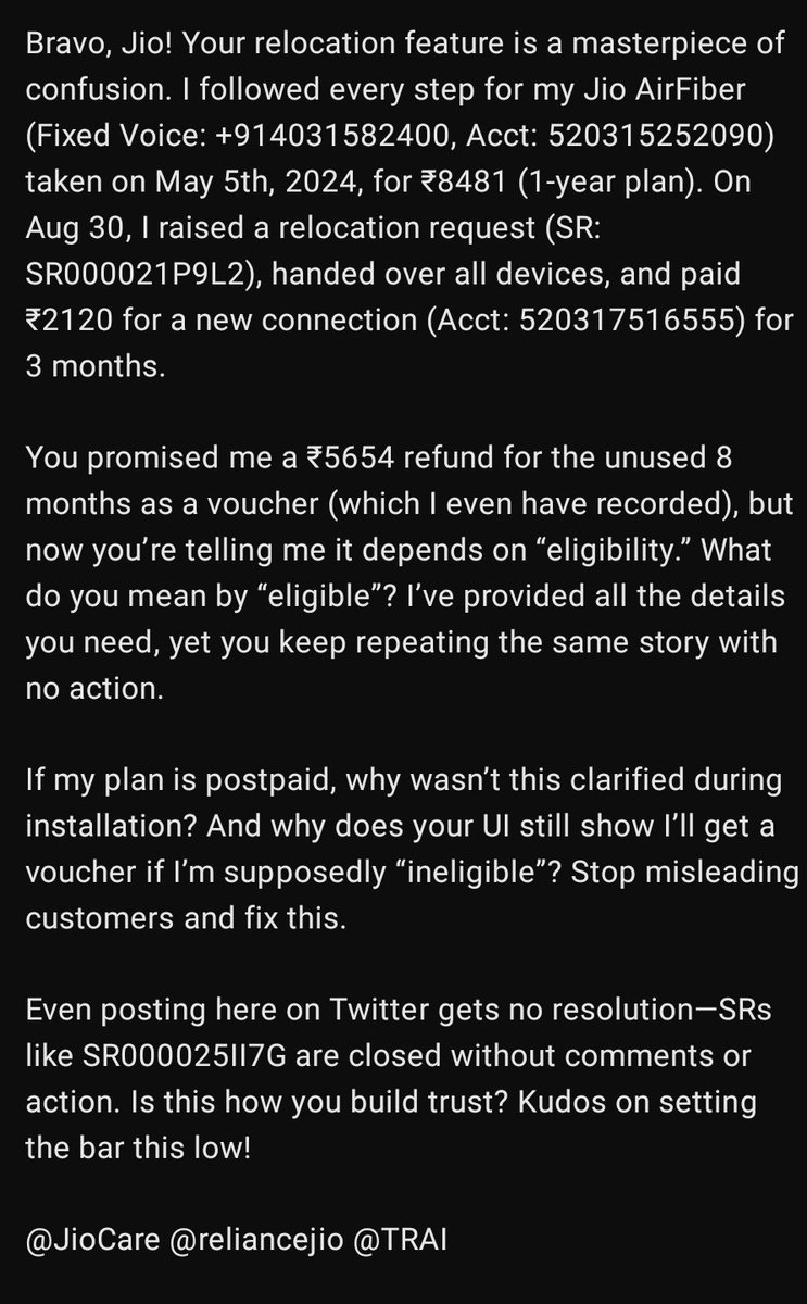 SantoshT96's tweet photo. @JioCare @reliancejio @TRAI 

Please help me understand your terms and conditions and I believe Im eligible for refund 
https://t.co/xnx91JsCvu https://t.co/Nt31SSKMdn