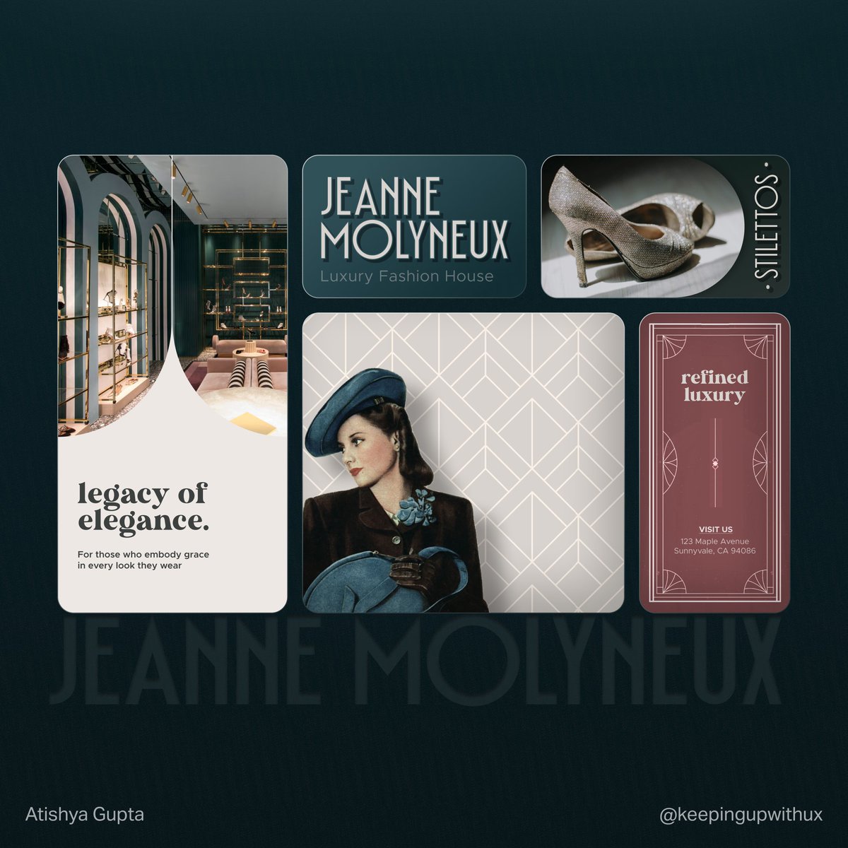 KeepingUpWithUX's tweet photo. @getcreatr Day 2
@getcreatr #sundaysubmission #designhackathon

Jeanne Molyneux - 1940s Luxury Fashion Brand
Designed by Atishya Gupta @KeepingUpWithUX https://t.co/M7EXnwvZSr