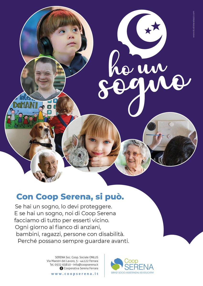 Se hai un sogno lo devi proteggere. E se hai un sogno, noi di #CooperativaSerenaFerrara facciamo di tutto per esserti vicino. Ogni giorno al fianco di anziani, bambini, ragazzi, persone con disabilità. Perché possano sempre guardare avanti.
.
#CoopSerena #hounsogno