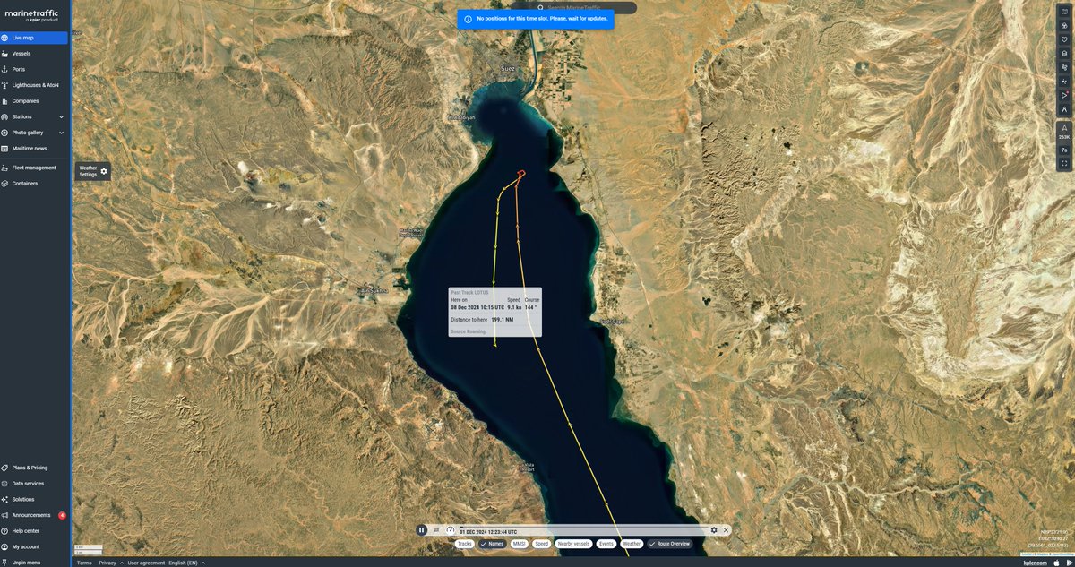 TankerTrackers's tweet photo. Now that the Assad regime in Damascus has fallen, we see that the Iranian Suezmax tanker LOTUS (9203784) has made a u-turn in the Gulf of Suez. She was due to deliver ~750K barrels of Iranian crude to Syria but is now returning to Iran. Fuel shortages expected. #OOTT https://t.co/wwd8gm3vAu