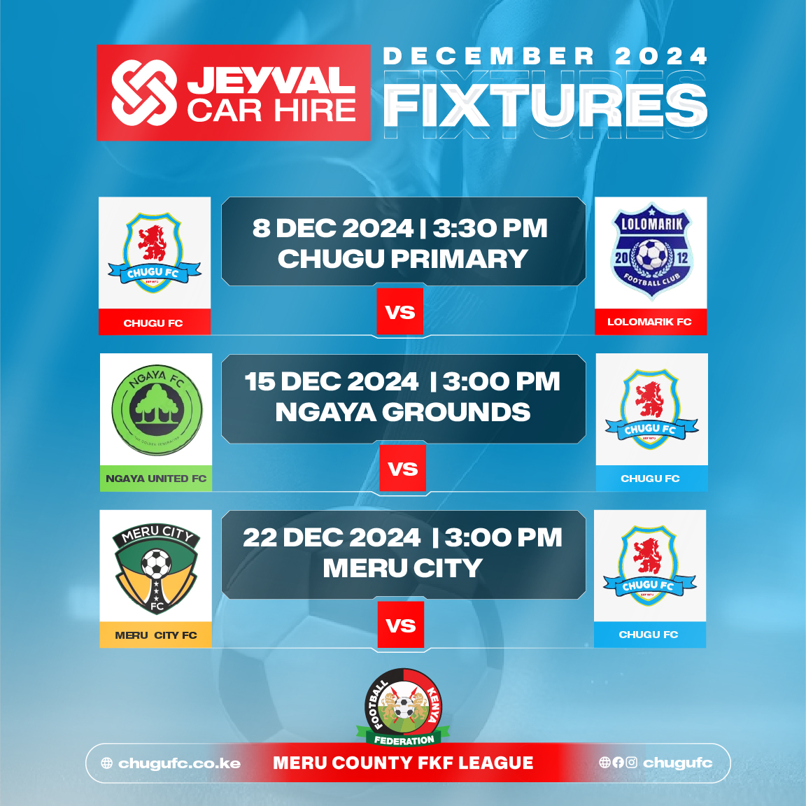 CHUGUFC's tweet photo. ๐ฏ December 2024 Fixtures are HERE! ๐ฅ๐ช๐ฝ
Get ready for epic battles as Chugu FC takes on top teams this month! ๐โฝ
๐
Mark your calendars and come support the pride of Chugu! ๐๐
#ChuguFC #Jeyval #DecemberFixtures #MeruCountyLeague #Football #FKFElections #MeruFootball https://t.co/dLfcfQ9FFx