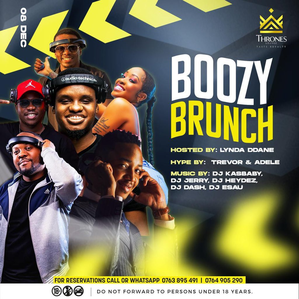 Cheers to a Happy Boozy Brunch Sunday! 🍹 Join host <a href="/lynda_ddane/">Lynda Ddane</a> today at <a href="/throneskampala/">throneskampala</a> for a brunch like no other. Groove to beats by <a href="/djKasBaby/">Kas 😎</a>, <a href="/Jerrymehn/">It’s Jerry Mehn</a>, <a href="/DJHeydez256/">DJ Heydez(256) Kampala's Funkiest Deejay....</a>, <a href="/DJ_DashUG/">DJ Dash</a>, and DJ Esau, while <a href="/saint_trevor_/">ariho_collins_trevor</a> and <a href="/ItsAdele22/">Adele_kiele🇹🇿🇺🇬</a> keep the energy alive. Don’t miss the hype!