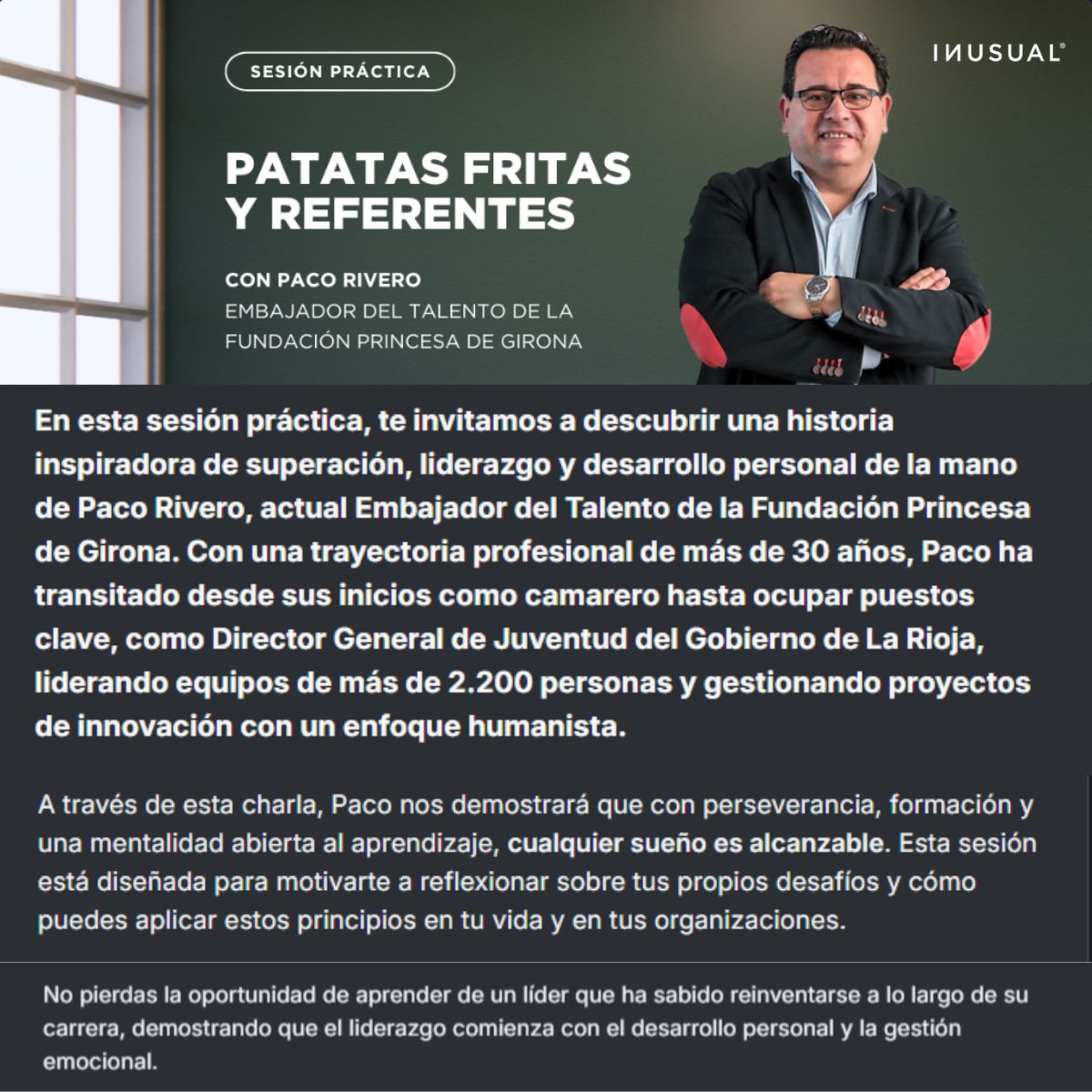 PacoRivero_'s tweet image. โผ๏ธEste martes 10 de Dic. estoy en @INUSUAL โผ๏ธ
โ
Partiendo de mi historia de #DesarrolloPersonal, hablaremos de #Talento y #LiderazgoHumanista
๐ยฟTe vienes? โคต๏ธ
club.inusual.com/c/agenda/sesioโฆ