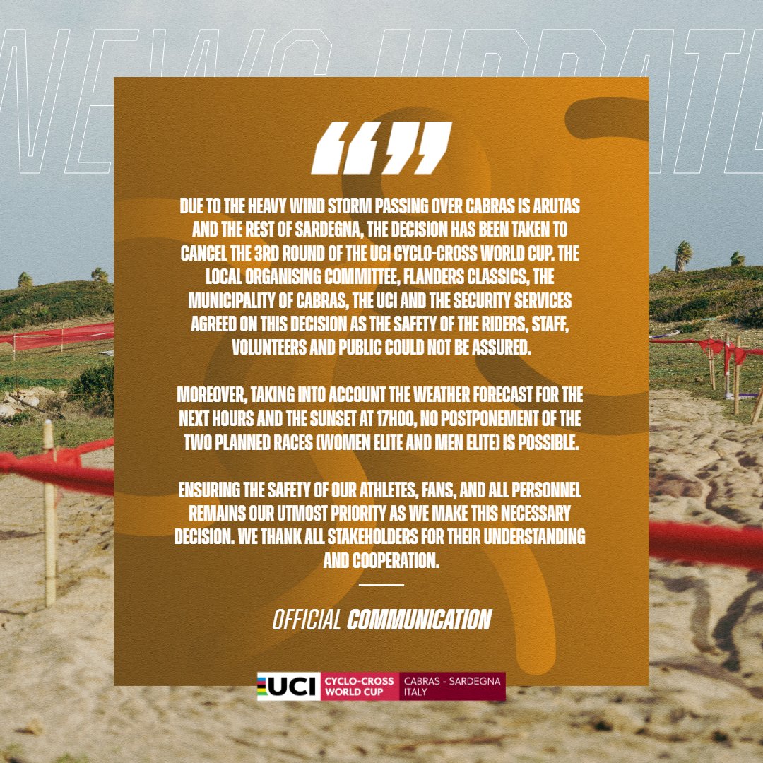 Il comunicato dell'UCI che conferma la cancellazione della gara di Coppa del Mondo di ciclocross a Cabras