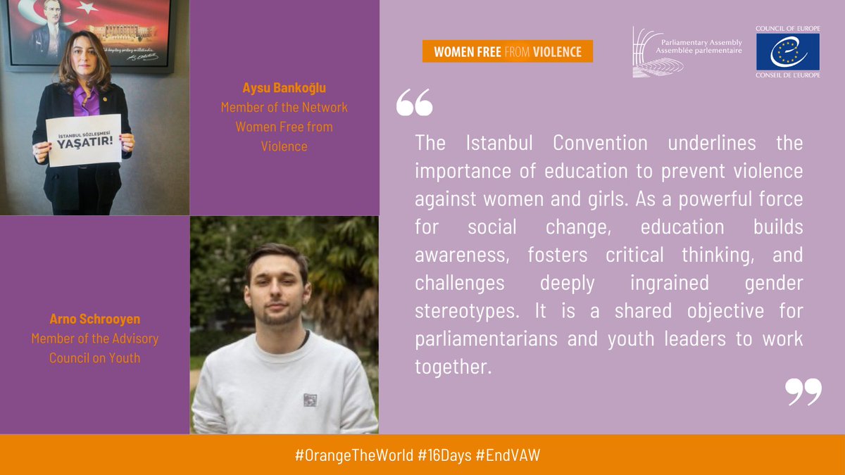 PACE_Equality (@pace_equality) on Twitter photo 🔸Education is a powerful force for preventing #VAWG and tackling gender stereotypes. <a href="/AysuBankoglu/">Av. Aysu Bankoğlu</a> & <a href="/arno_schrooyen/">Arno Schrooyen (he/him) 🔻</a> emphasize that parliamentarians & youth leaders must unite to drive this vital social change.
#16daysofactivism #endVAWG 🔸Education is a powerful force for preventing #VAWG and tackling gender stereotypes. <a href="/AysuBankoglu/">Av. Aysu Bankoğlu</a> & <a href="/arno_schrooyen/">Arno Schrooyen (he/him) 🔻</a> emphasize that parliamentarians & youth leaders must unite to drive this vital social change.
#16daysofactivism #endVAWG