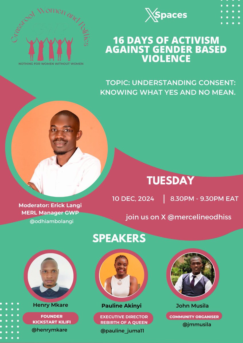 Excited to wrap up #16DaysOfActivism with this vital conversation.

📅 10 Dec 2024 | 🕗 8:30 PM EAT 

X spaces: x.com/i/spaces/1YqJD…

Consent isn’t just about saying yes or no—it’s about respect and safety.

Let’s dismantle GBV together. Join us!