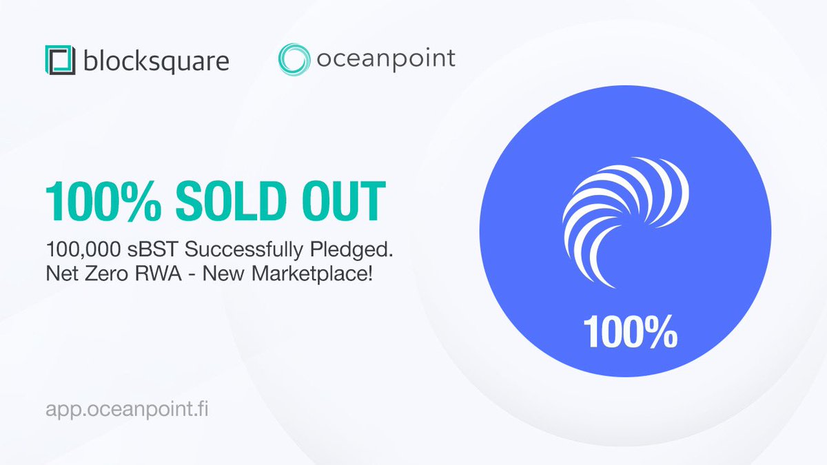 Blocksquare (@blocksquare_io) on Twitter photo And hot on the heels of the last announcement: the Net Zero RWA marketplace pool has sold out on Oceanpoint Launchpad too!
Congrats to the team on their filled pool and to those $BST holders who contributed.
More #RWA focussed marketplaces to come, so keep your eyes peeled! 👀 And hot on the heels of the last announcement: the Net Zero RWA marketplace pool has sold out on Oceanpoint Launchpad too!
Congrats to the team on their filled pool and to those $BST holders who contributed.
More #RWA focussed marketplaces to come, so keep your eyes peeled! 👀